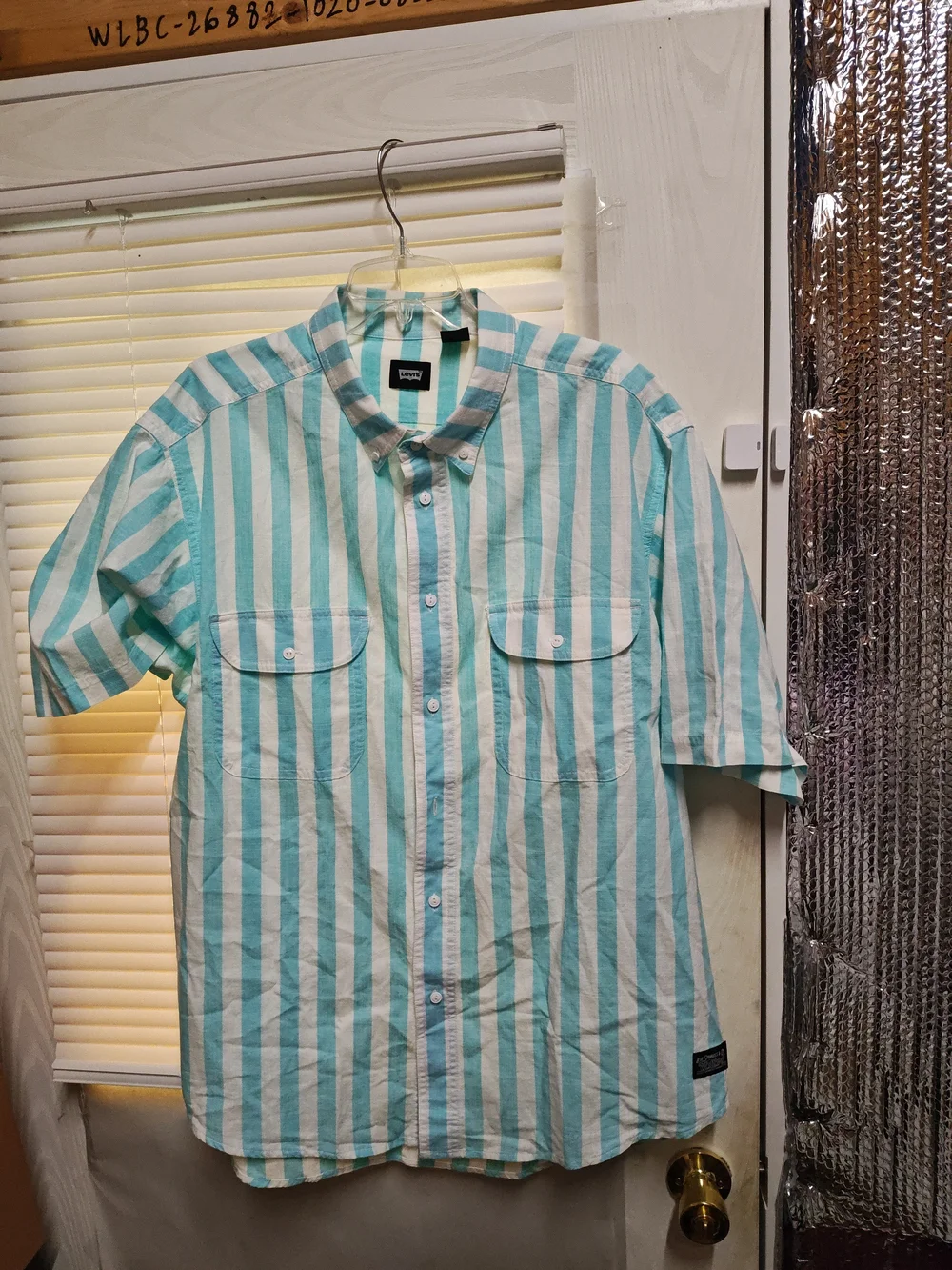 Levi's Aqua and White Vertical Stripe Short-Sleeve Button-Up